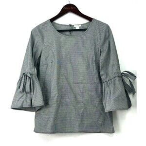 J Crew Womens Black White Micro Gingham Bell Tie Sleeve Blouse Top Sz S 1227N2